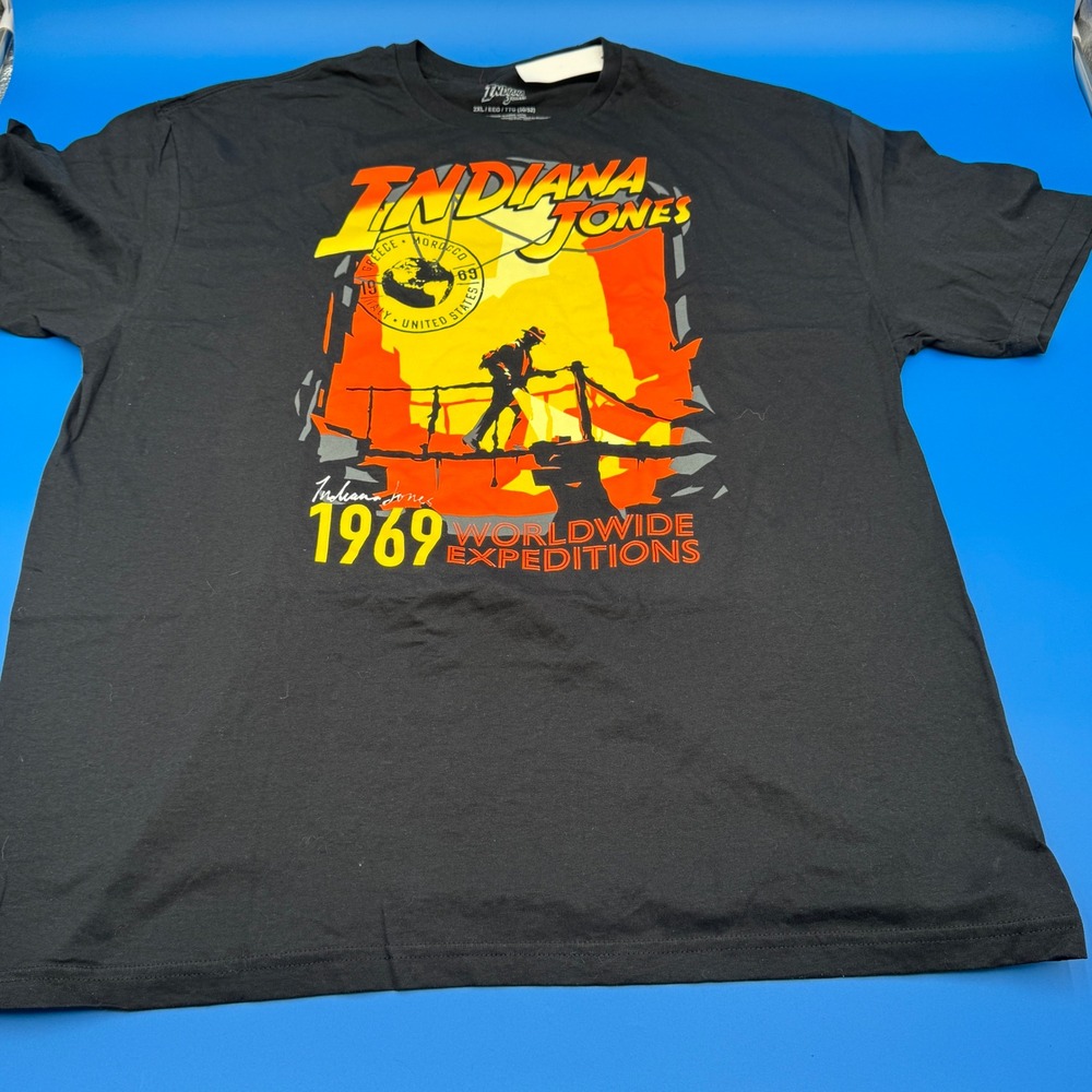 Indiana Jones 1969 Worldwide Expeditions Black Graphic T Shirt Men's XXL‎